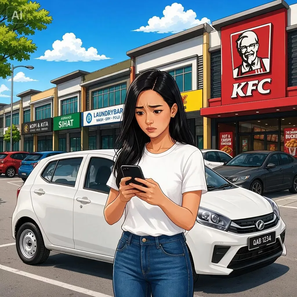 A driver checking her phone beside a car that will not start