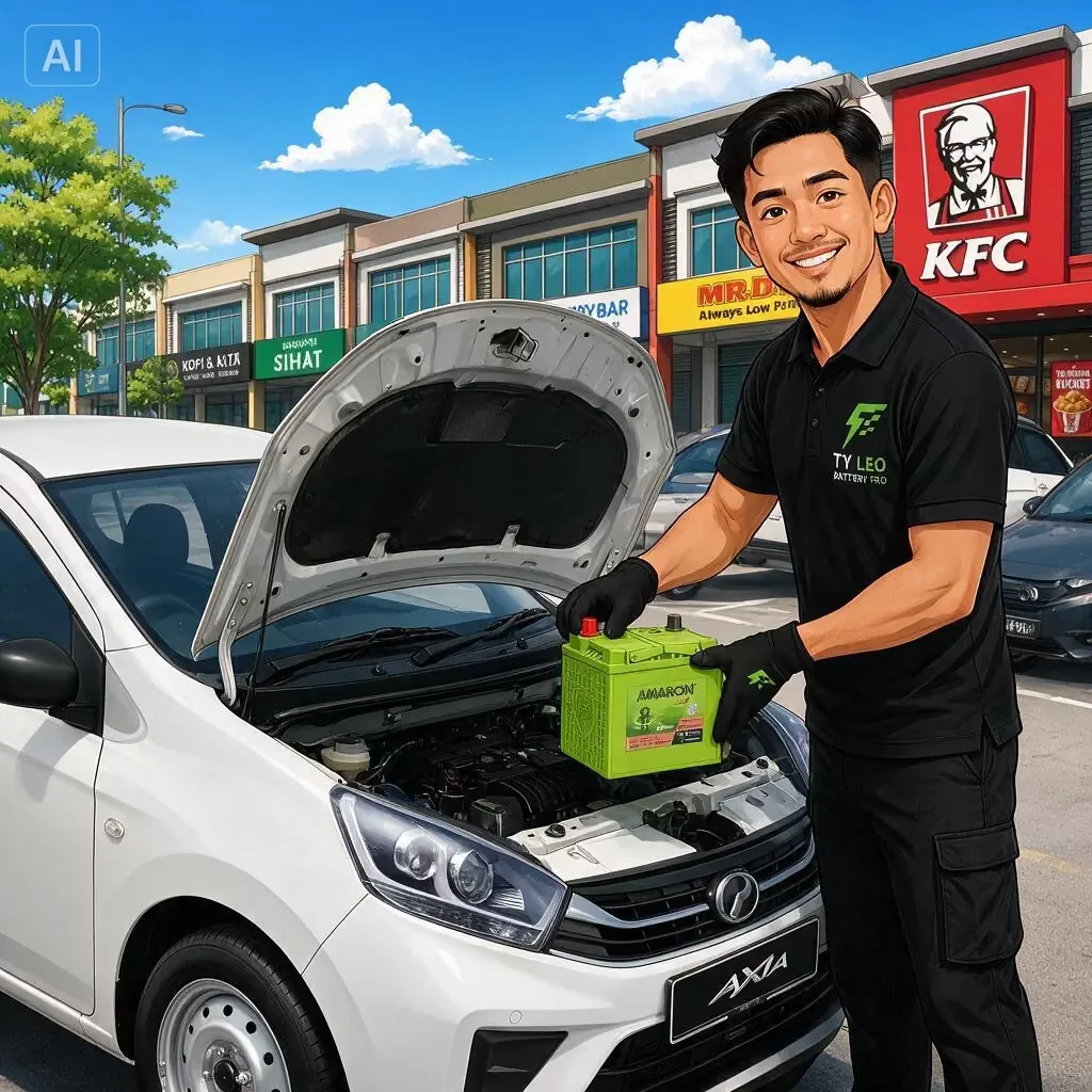 A TY Leo technician fitting a new Amaron battery under the bonnet