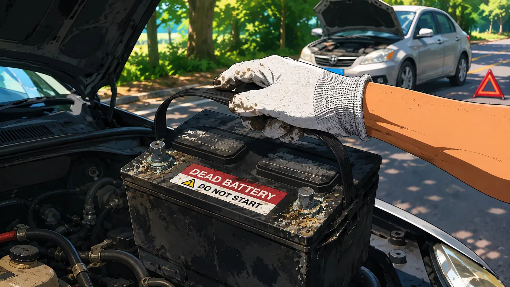 A gloved technician lifting a dead battery out of a car engine bay at the roadside